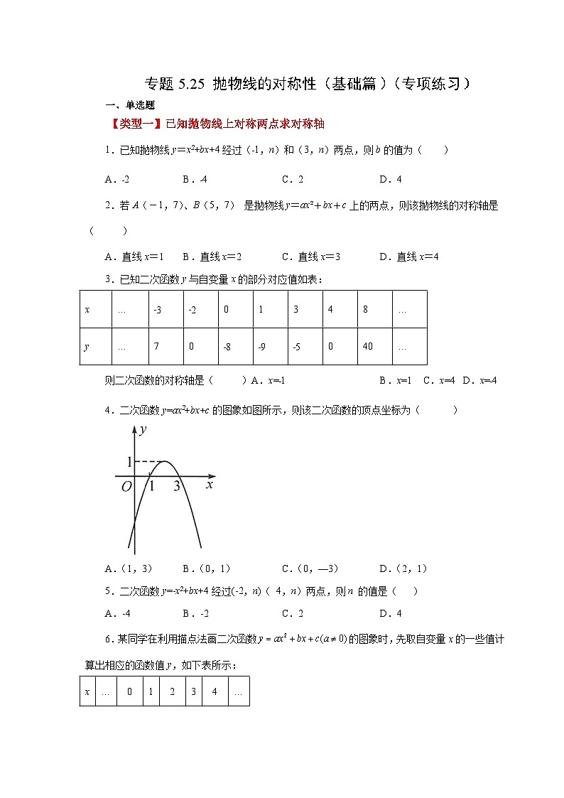 苏科版九年级数学下册基础知识专项讲练 专题5.25 抛物线的对称性(基础篇)(专项练习)(附答案)01