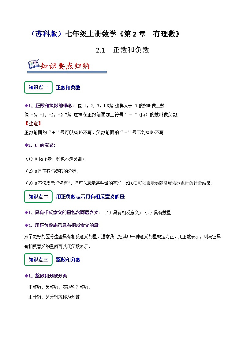 苏科版七年级数学上册同步精讲精练2.1正数和负数(原卷版+解析)第1页