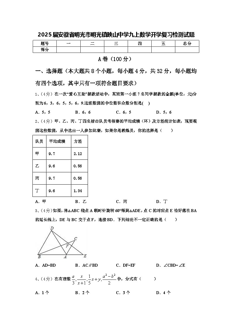 2025届安徽省明光市明光镇映山中学九上数学开学复习检测试题【含答案】第1页