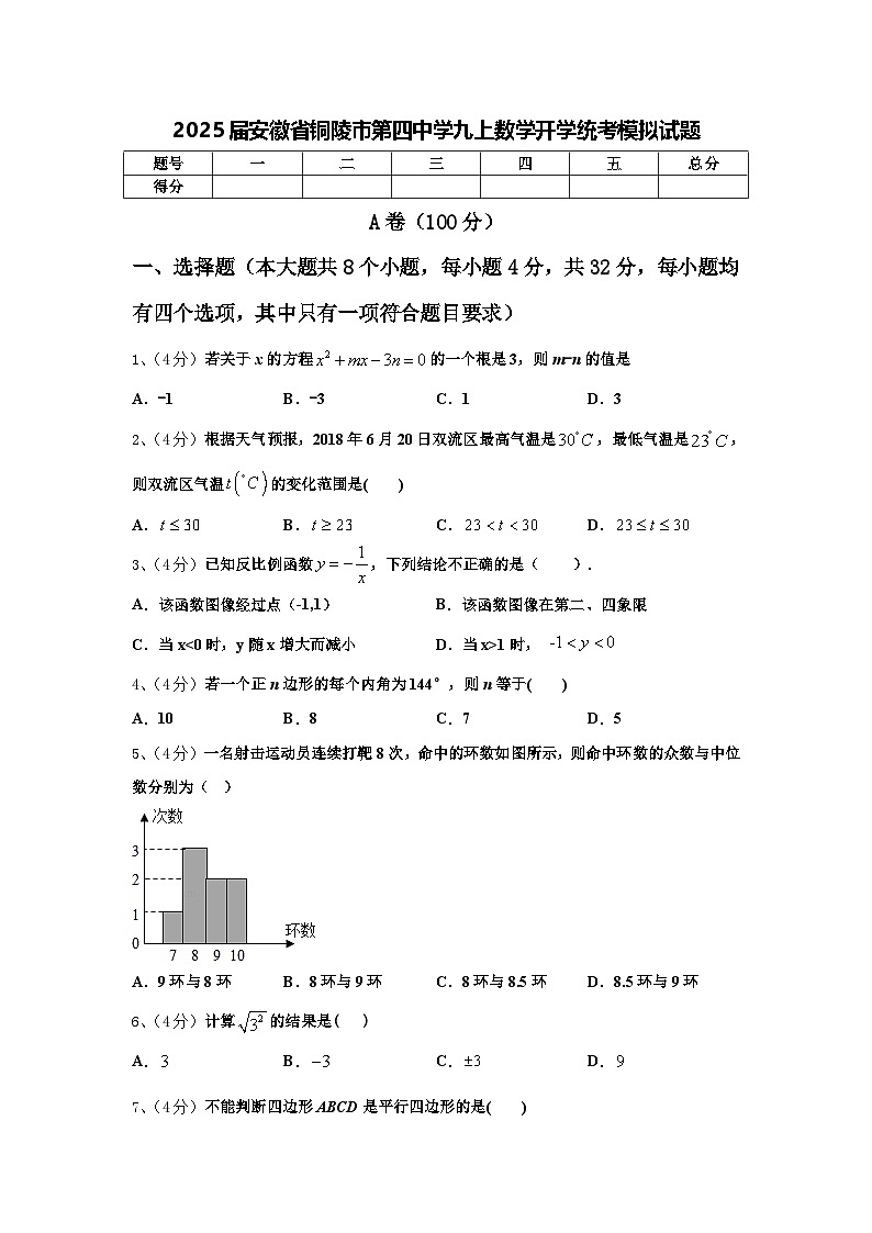 2025届安徽省铜陵市第四中学九上数学开学统考模拟试题【含答案】01