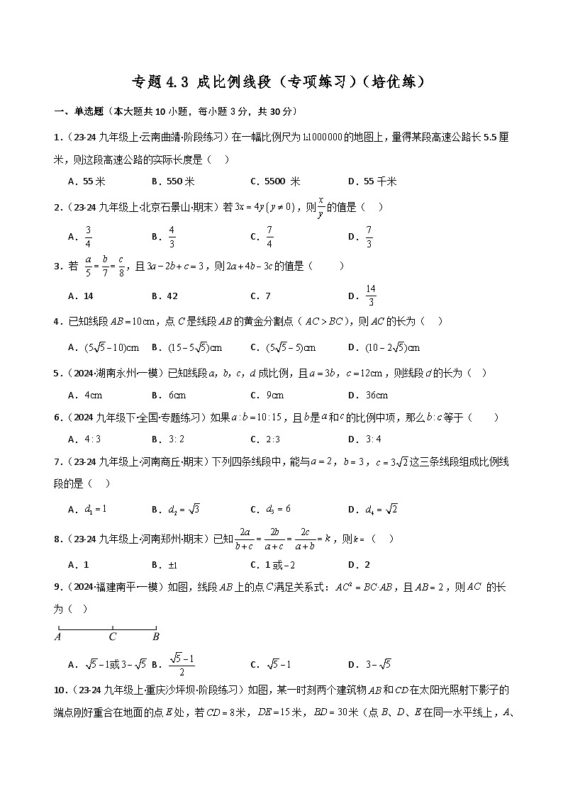 专题4.3 成比例线段(专项练习)(培优练)-2024-2025学年九年级数学上册基础知识专项突破讲与练(北师大版)第1页