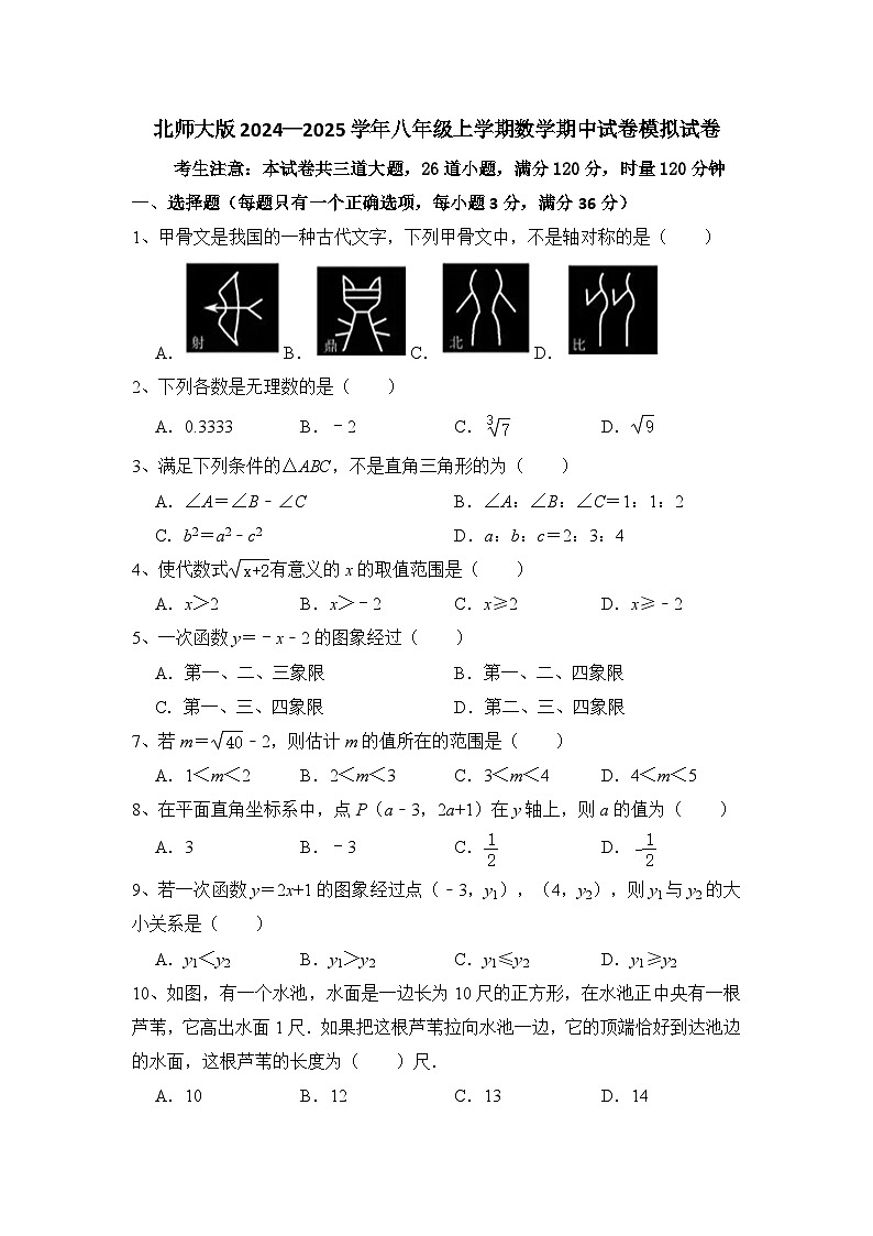 _2024—2025学年北师大版八年级上册数学期中试卷模拟试卷01