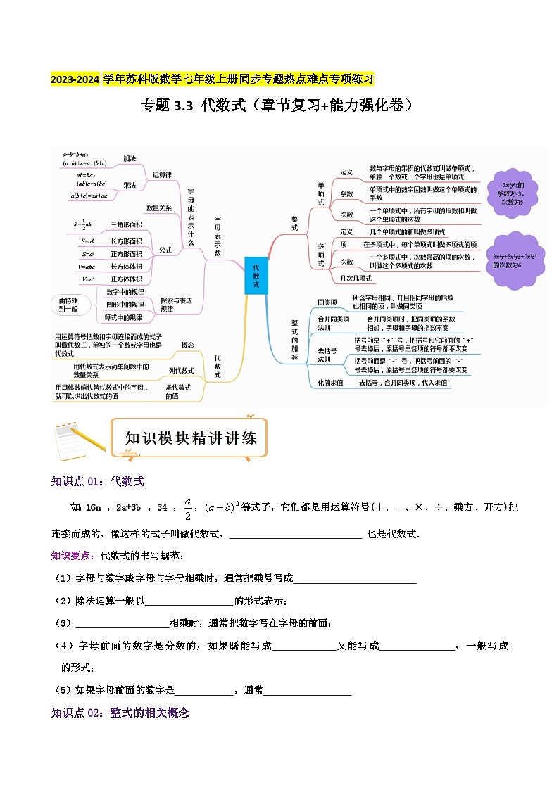 苏科版数学七年级上册全程通关培优(专项卷+章节复习+期中期末备考)专题3.3代数式(章节复习+能力强化卷)特训(学生版+解析)第1页