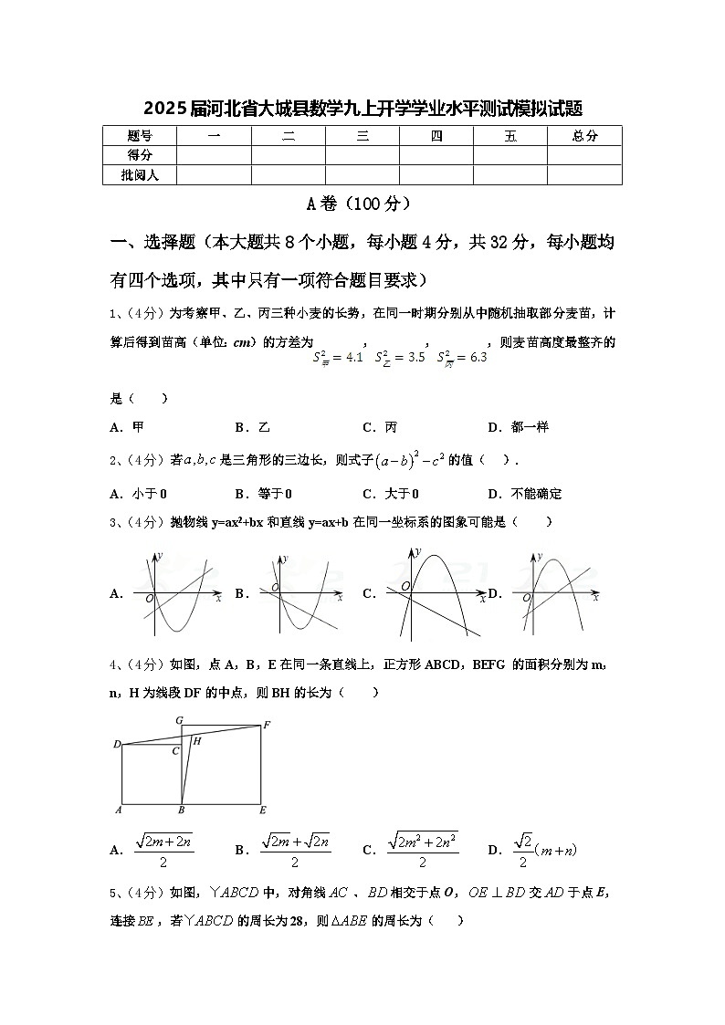 2025届河北省大城县数学九上开学学业水平测试模拟试题【含答案】01