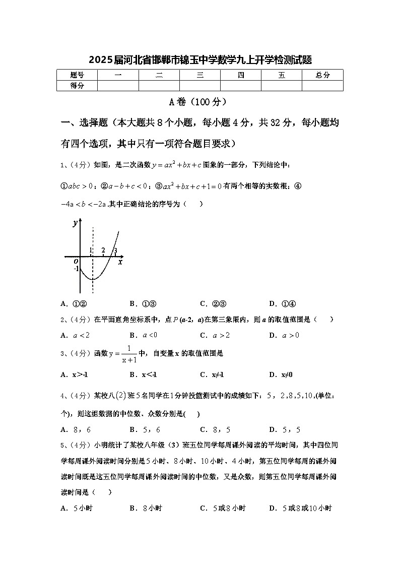 2025届河北省邯郸市锦玉中学数学九上开学检测试题【含答案】01