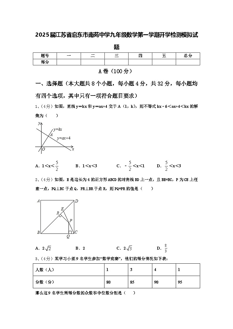 2025届江苏省启东市南苑中学九年级数学第一学期开学检测模拟试题【含答案】第1页
