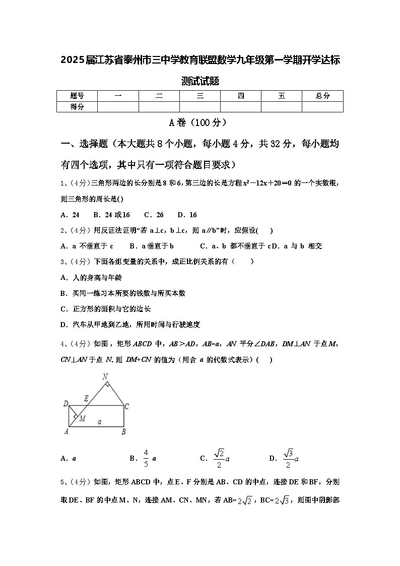 2025届江苏省泰州市三中学教育联盟数学九年级第一学期开学达标测试试题【含答案】第1页