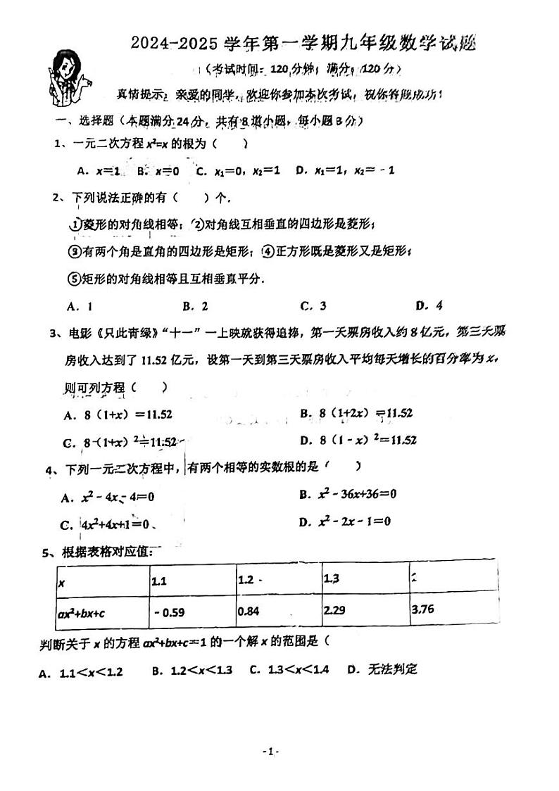 山东省青岛市城阳区实验中学2024-2025学年九年级上学期10月月考数学试题第1页
