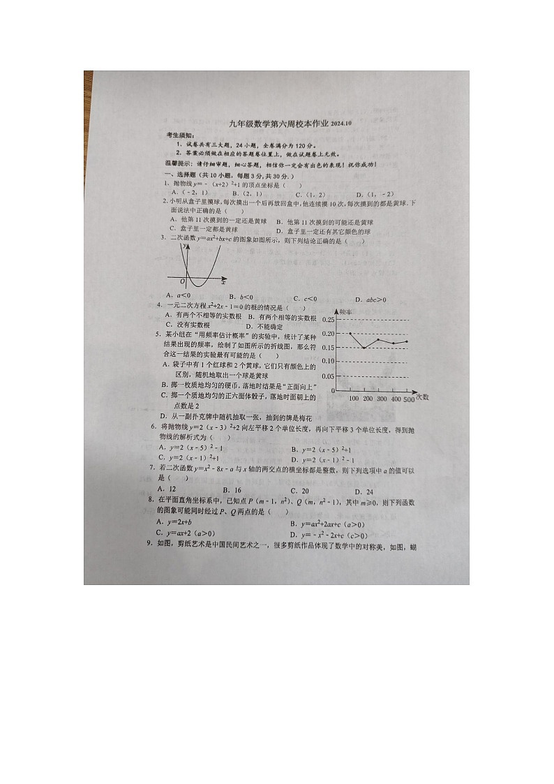 浙江省金华市义乌市义乌市七校联考2024-2025学年九年级上学期10月月考数学试题01