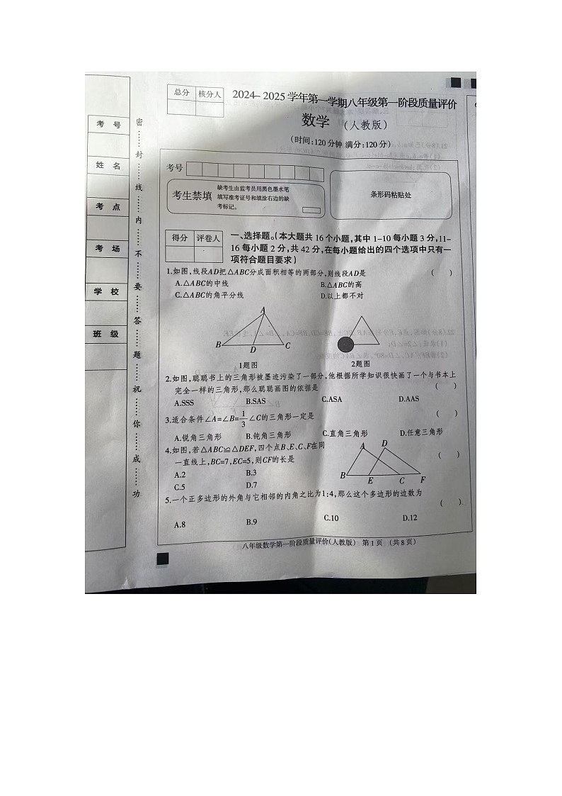 河北省沧州市东光县东光县五校联考2024-—2025学年八年级上学期10月月考数学试题01