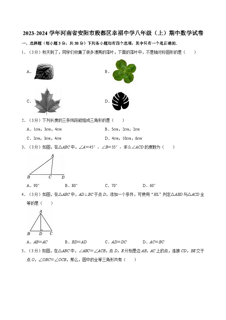 +河南省安阳市殷都区幸福中学2023-2024学年八年级上学期期中数学试卷01