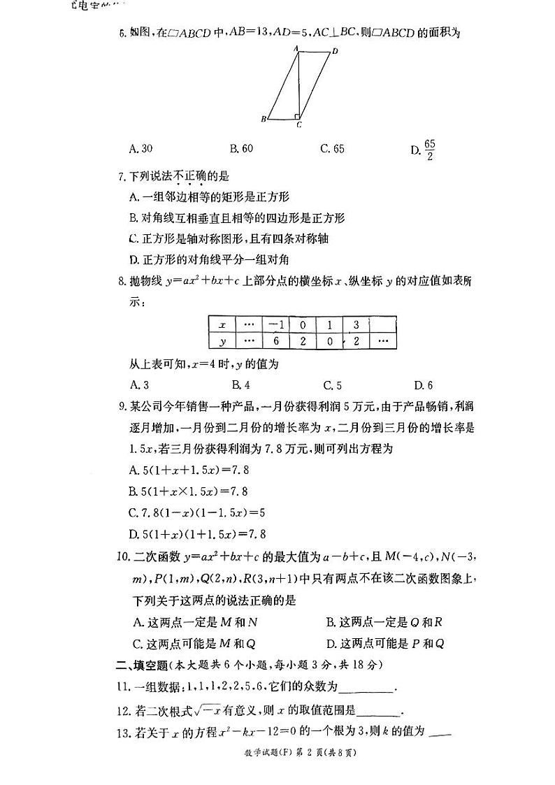 2024-2024长沙师大附中集团九上第一次月考数学试卷第2页