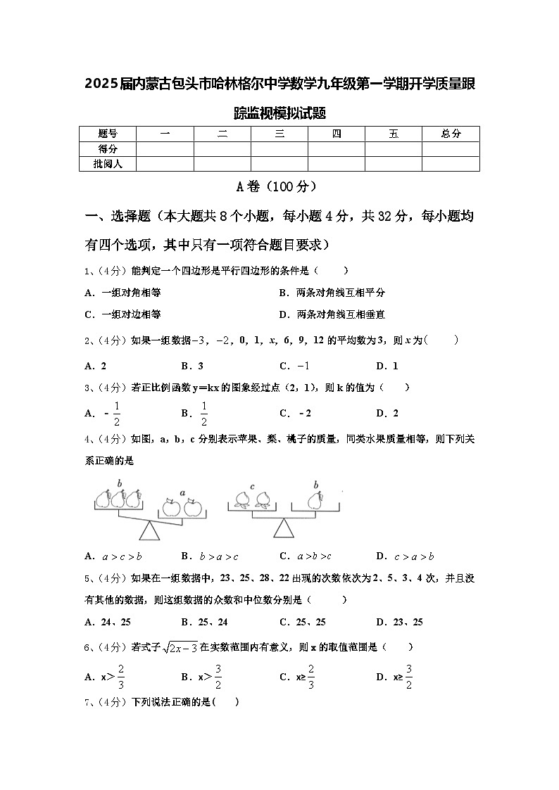 2025届内蒙古包头市哈林格尔中学数学九年级第一学期开学质量跟踪监视模拟试题【含答案】第1页