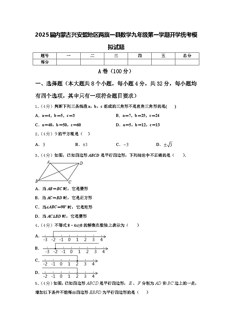 2025届内蒙古兴安盟地区两旗一县数学九年级第一学期开学统考模拟试题【含答案】01