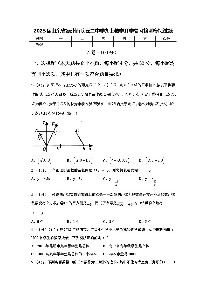 2025届山东省德州市庆云二中学九上数学开学复习检测模拟试题【含答案】第1页