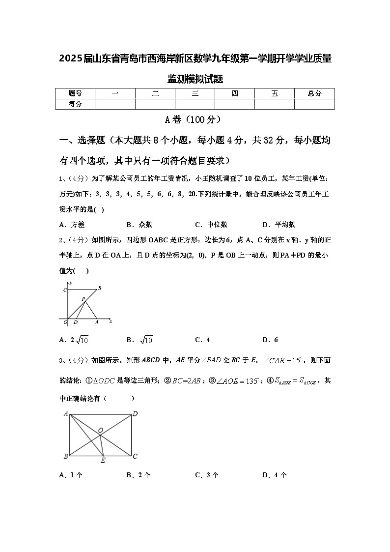 2025届山东省青岛市西海岸新区数学九年级第一学期开学学业质量监测模拟试题【含答案】第1页