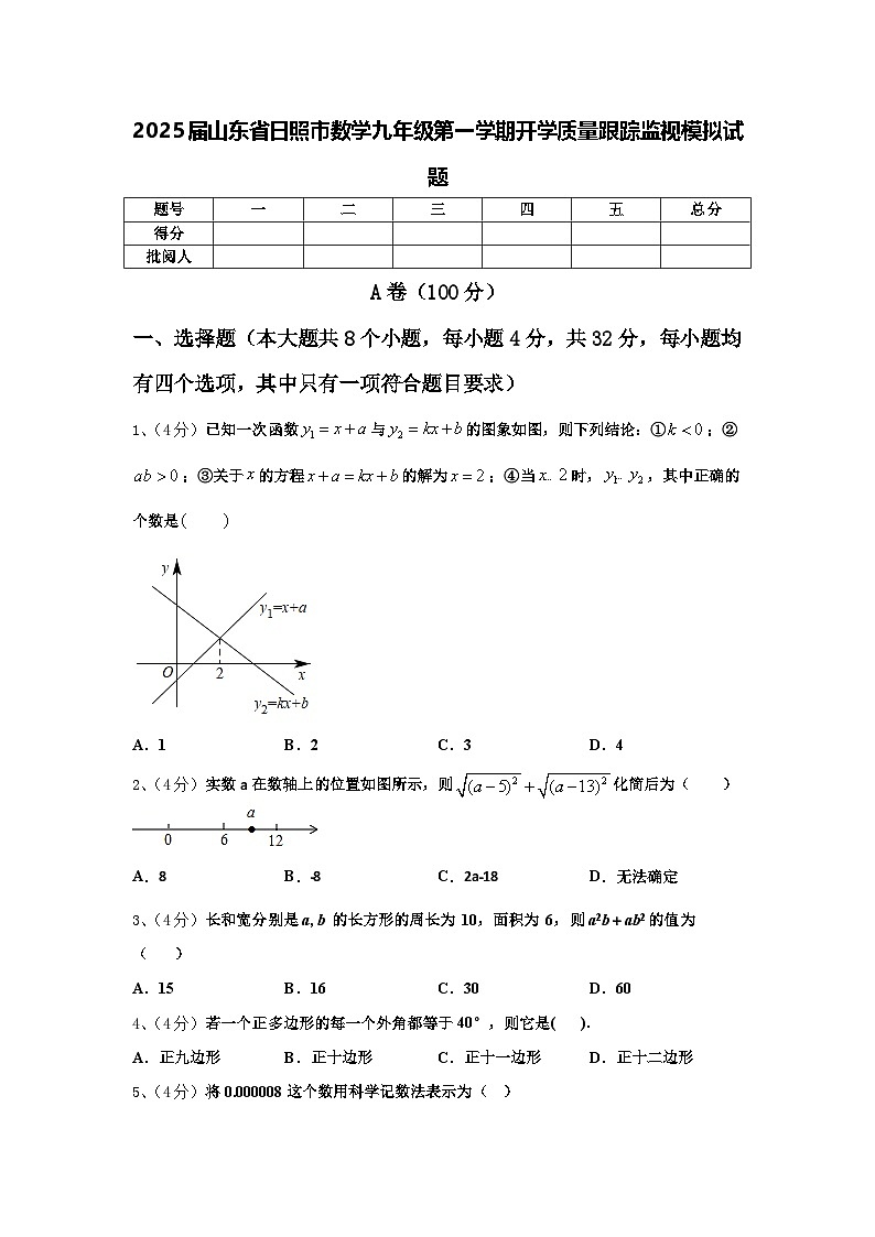 2025届山东省日照市数学九年级第一学期开学质量跟踪监视模拟试题【含答案】01