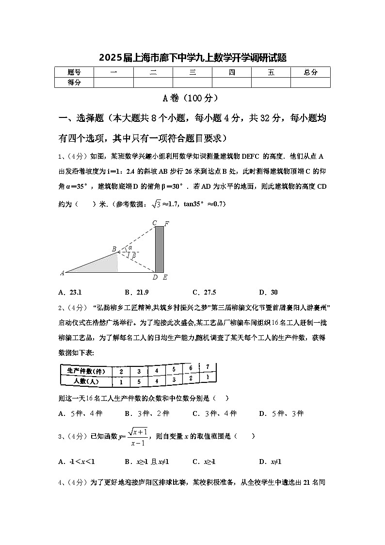2025届上海市廊下中学九上数学开学调研试题【含答案】01