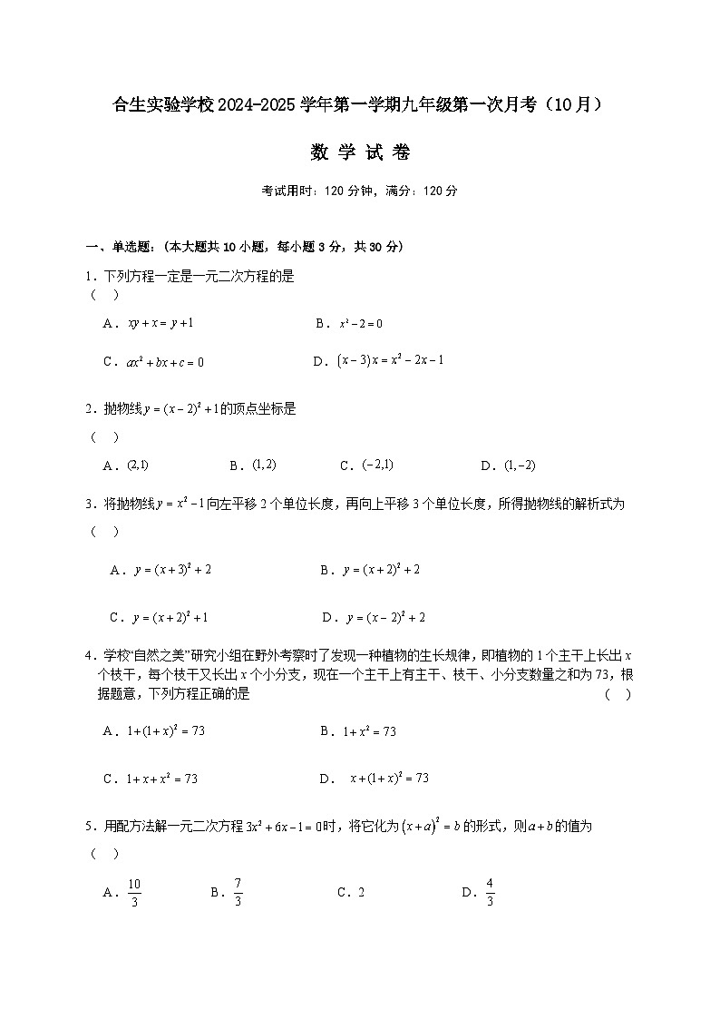广东省惠州市合生实验学校2024-2025学年九年级上学期第一次月考(10月)数学试卷第1页