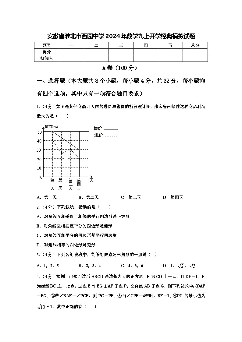 安徽省淮北市西园中学2024年数学九上开学经典模拟试题【含答案】01