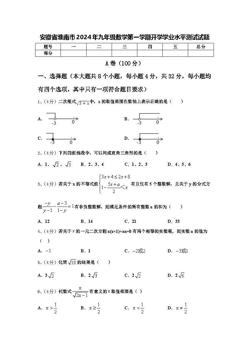 安徽省淮南市2024年九年级数学第一学期开学学业水平测试试题【含答案】第1页