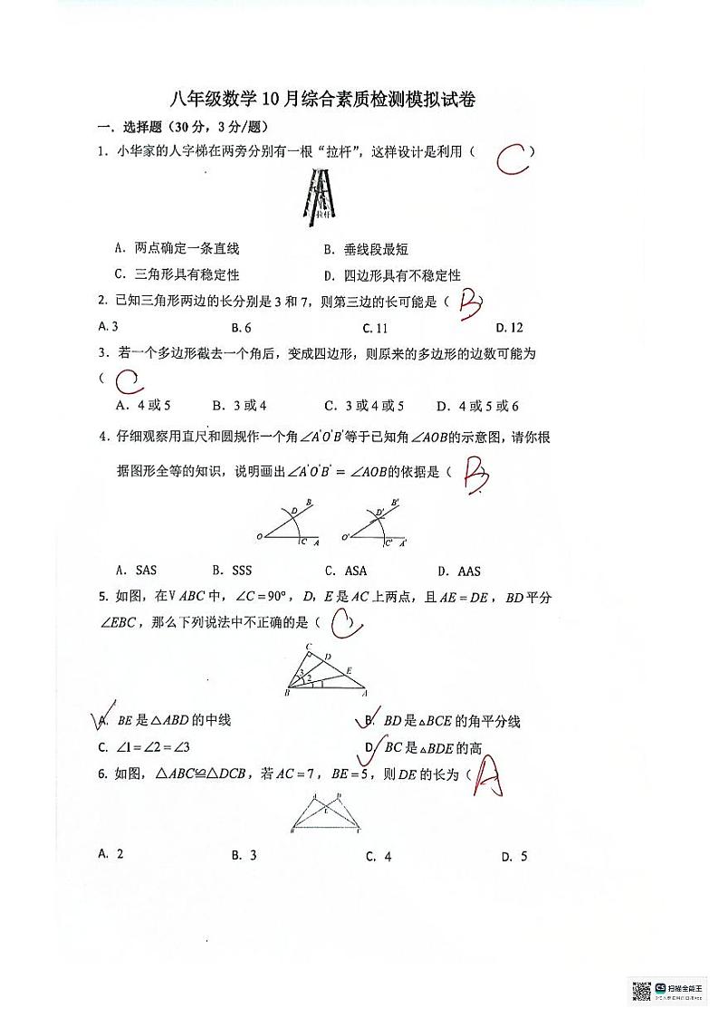 湖南省宁乡市实验中学2024-2025学年八年级上学期10月月考数学试题01