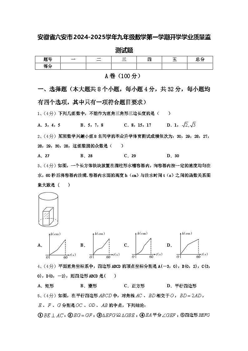 安徽省六安市2024-2025学年九年级数学第一学期开学学业质量监测试题【含答案】第1页