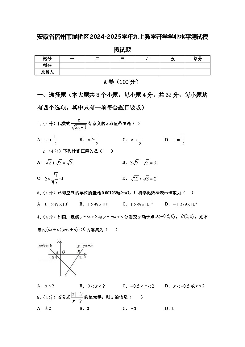 安徽省宿州市埇桥区2024-2025学年九上数学开学学业水平测试模拟试题【含答案】第1页