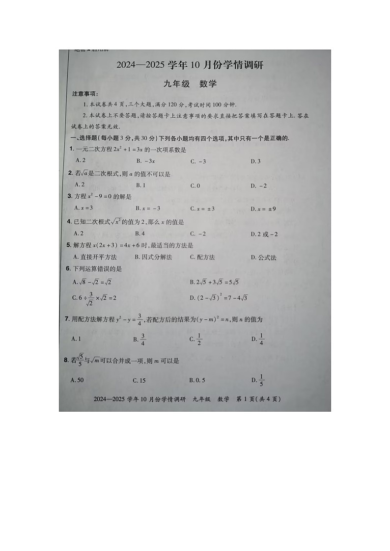 2024-2025学年10月份学情调研九年级数学试卷第1页