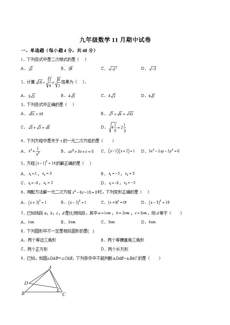 四川省眉山市仁寿县2024届九年级上学期11月期中考试数学试卷(含答案)01