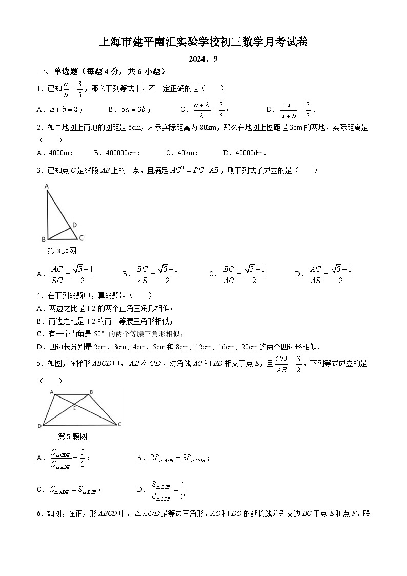 上海市浦东新区建平南汇实验学校2024-2025学年九年级上学期9月月考数学试卷01