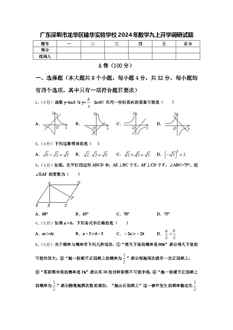 广东深圳市龙华区锦华实验学校2024年数学九上开学调研试题【含答案】01