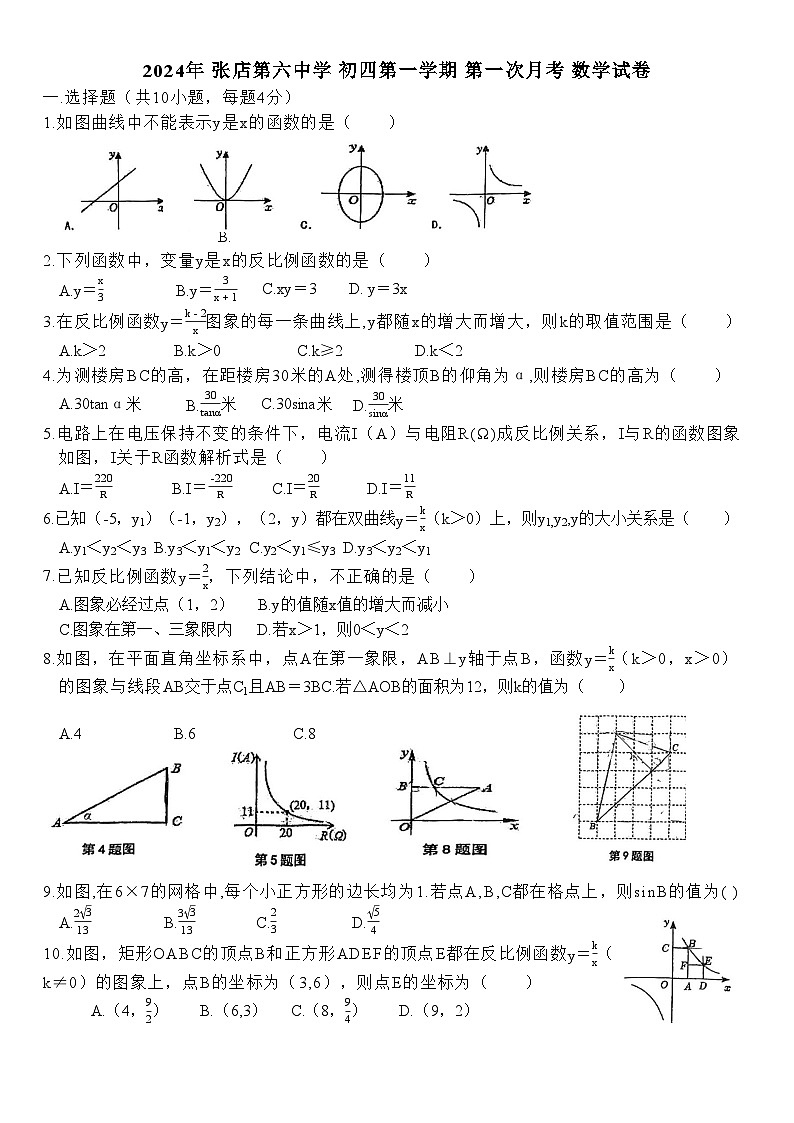 山东省 淄博市张店区第六中学2024-2025学年九年级上学期10月月考数学试题第1页