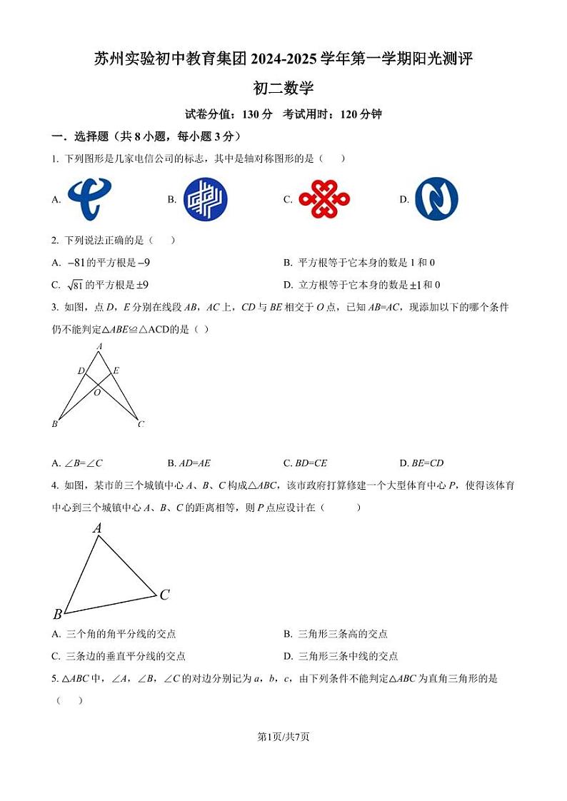 江苏省苏州市实验初中集团2024-2025学年八年级上学期十月月考数学试卷 (原卷版)第1页
