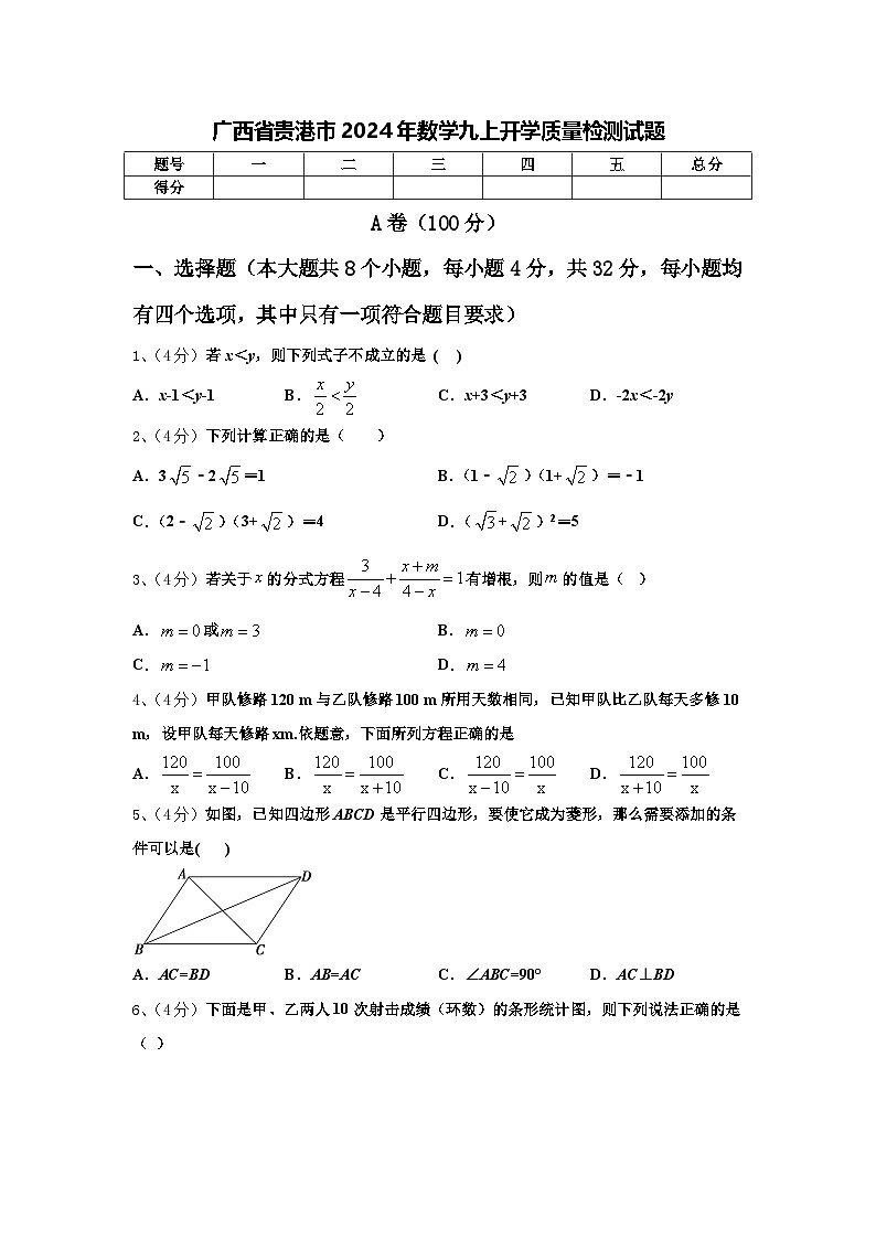 广西省贵港市2024年数学九上开学质量检测试题【含答案】第1页
