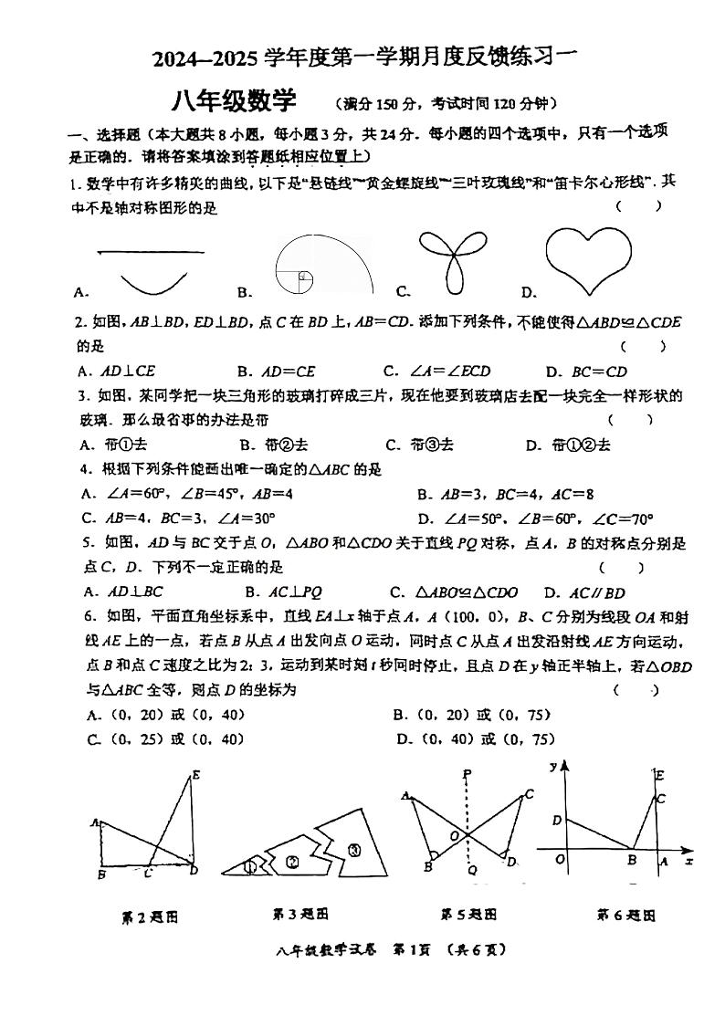 江苏省宿迁市沭阳县南湖初级中学2024-—2025学年八年级上学期第一次月考数学试卷01