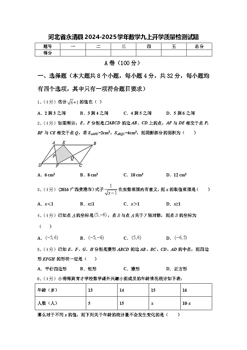 河北省永清县2024-2025学年数学九上开学质量检测试题【含答案】第1页