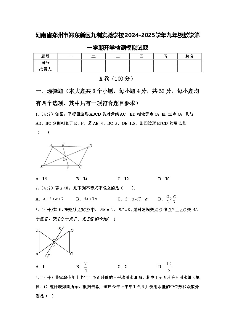 河南省郑州市郑东新区九制实验学校2024-2025学年九年级数学第一学期开学检测模拟试题【含答案】01