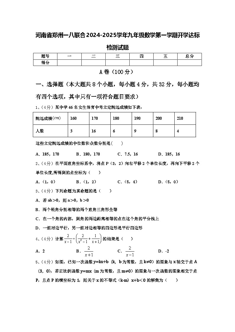 河南省郑州一八联合2024-2025学年九年级数学第一学期开学达标检测试题【含答案】第1页