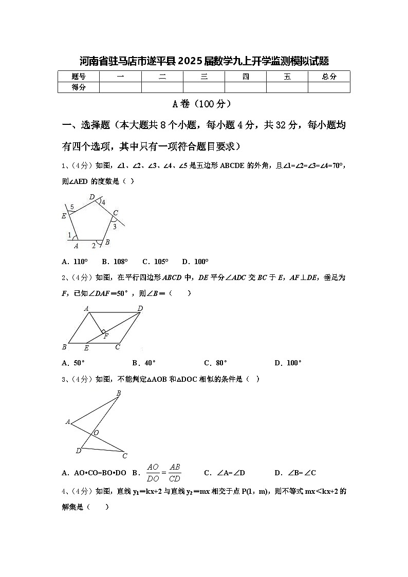 河南省驻马店市遂平县2025届数学九上开学监测模拟试题【含答案】第1页
