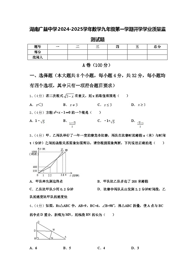 湖南广益中学2024-2025学年数学九年级第一学期开学学业质量监测试题【含答案】第1页