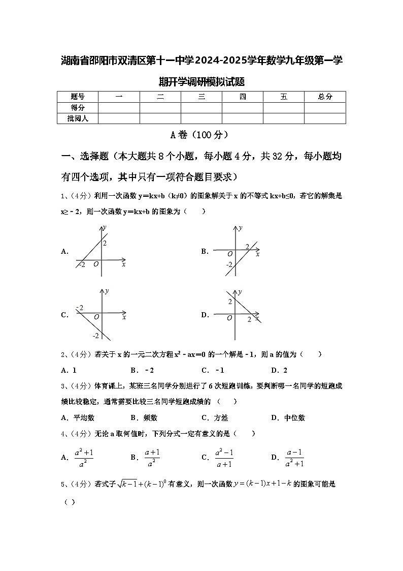 湖南省邵阳市双清区第十一中学2024-2025学年数学九年级第一学期开学调研模拟试题【含答案】第1页