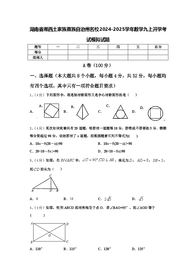 湖南省湘西土家族苗族自治州名校2024-2025学年数学九上开学考试模拟试题【含答案】01