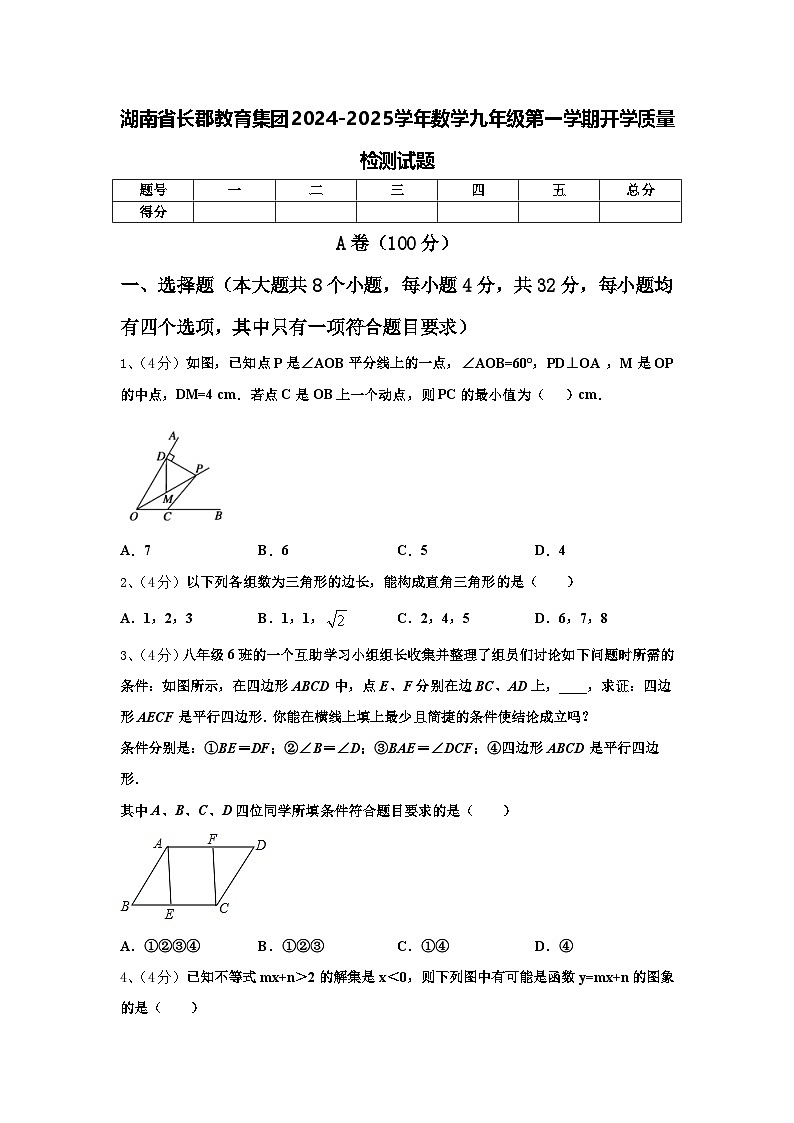 湖南省长郡教育集团2024-2025学年数学九年级第一学期开学质量检测试题【含答案】第1页