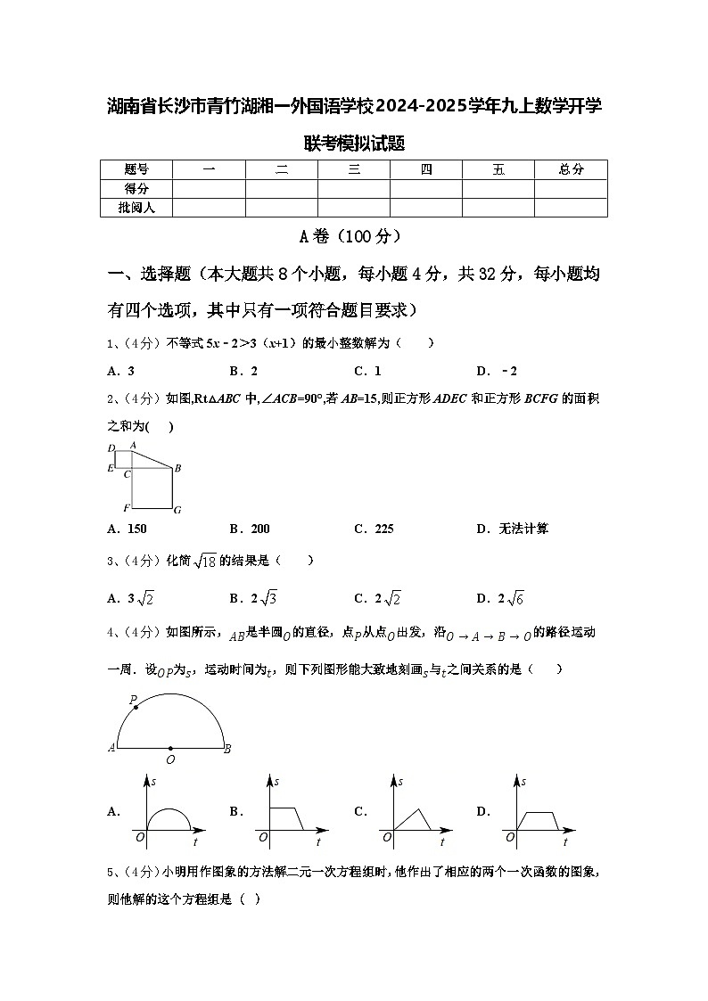 湖南省长沙市青竹湖湘一外国语学校2024-2025学年九上数学开学联考模拟试题【含答案】01