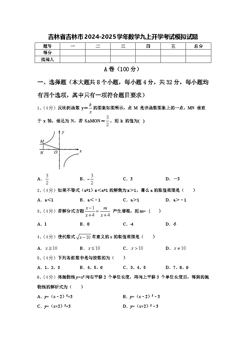 吉林省吉林市2024-2025学年数学九上开学考试模拟试题【含答案】第1页