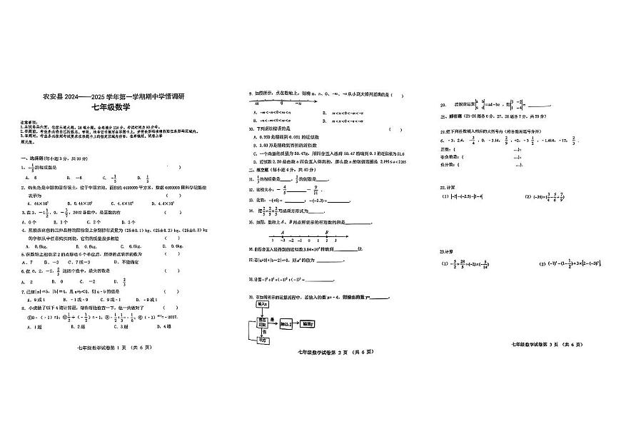 吉林省長(zhǎng)春市農(nóng)安縣2024-2025學(xué)年七年級(jí)上學(xué)期10月期中學(xué)情調(diào)研數(shù)學(xué)試題第1頁(yè)