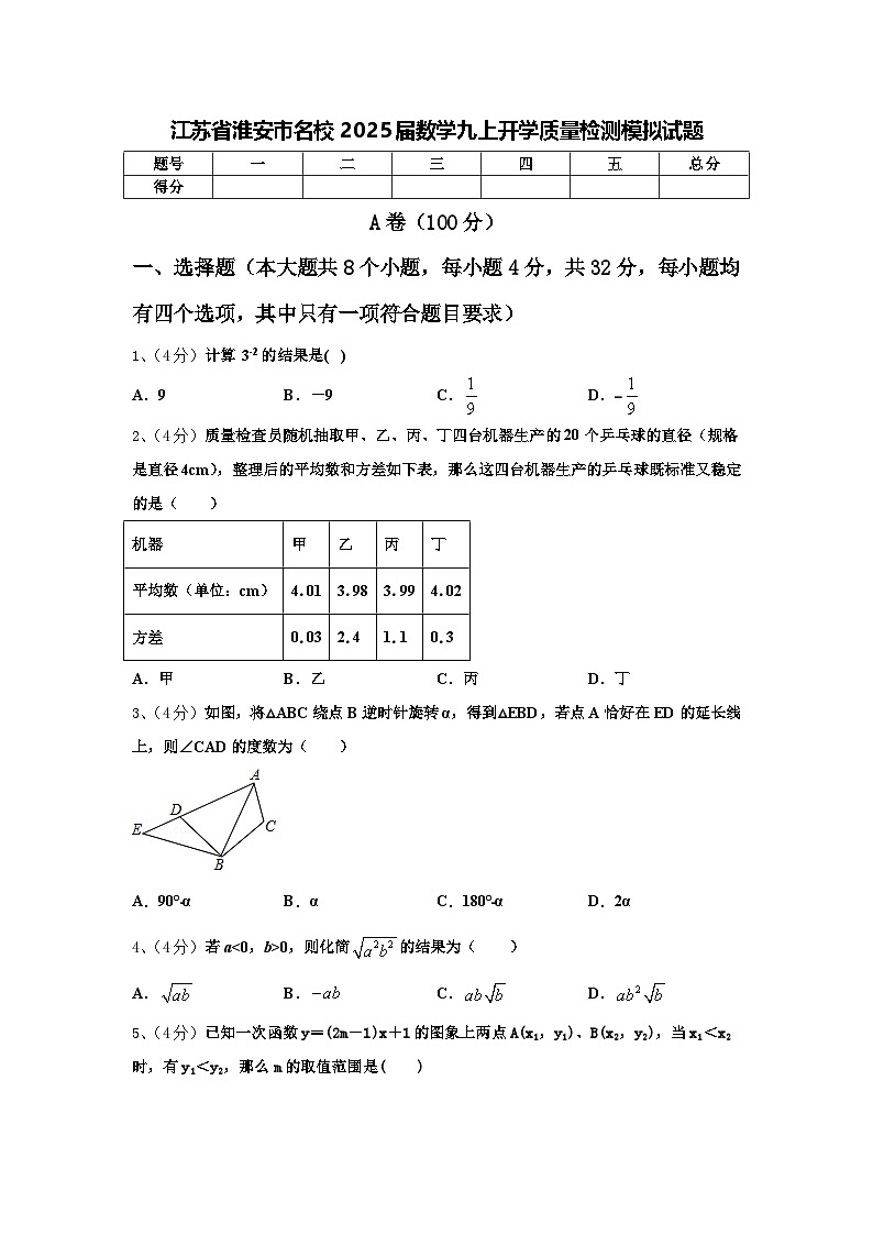 江苏省淮安市名校2025届数学九上开学质量检测模拟试题【含答案】第1页