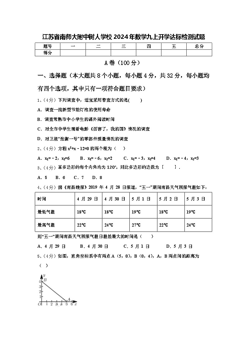江苏省南师大附中树人学校2024年数学九上开学达标检测试题【含答案】第1页