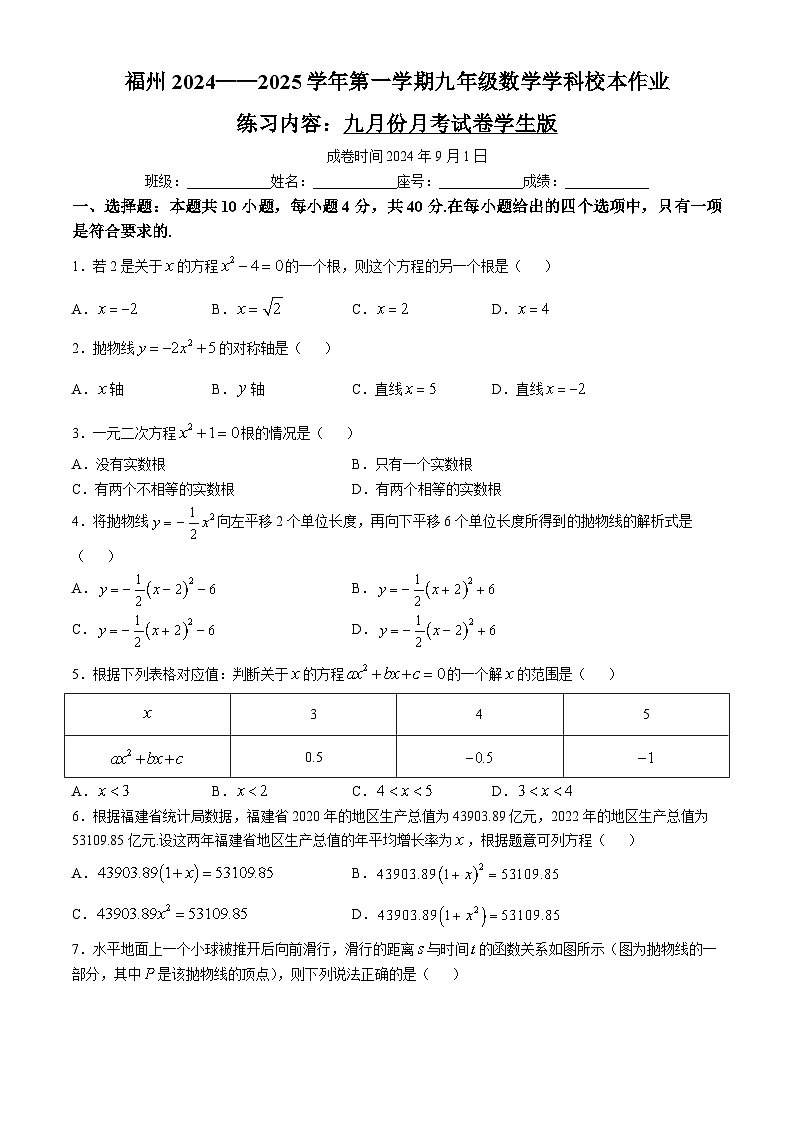 2024-—2025学年福建省福州九年级(上)九月月考数学试题(无答案)01